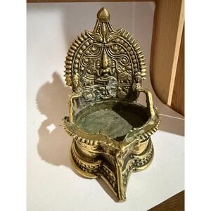Vtg Hindu Temple Brass Oil Lamp Diya Goddess Kamakshi Amman Vilakku 5.5x3.5"